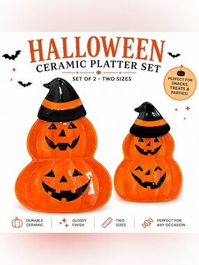 NEW Halloween Ceramic Jack O’ Lantern Platter Set of 2 Witch Hat Pumpkin